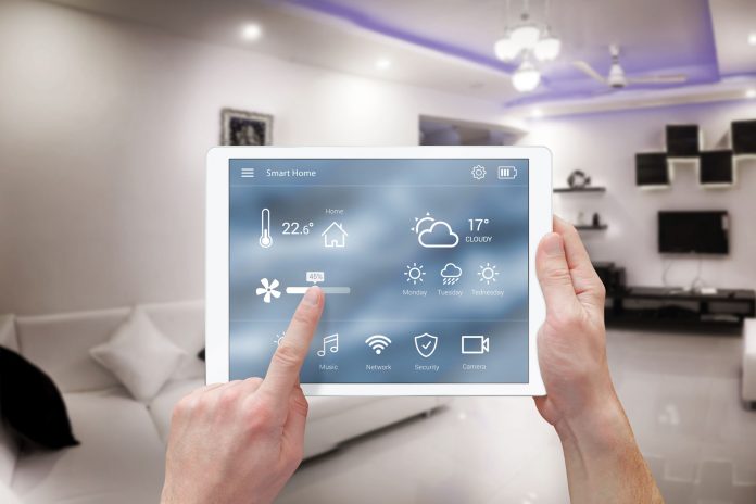 Smart remote home control system app. Living room interior in ba